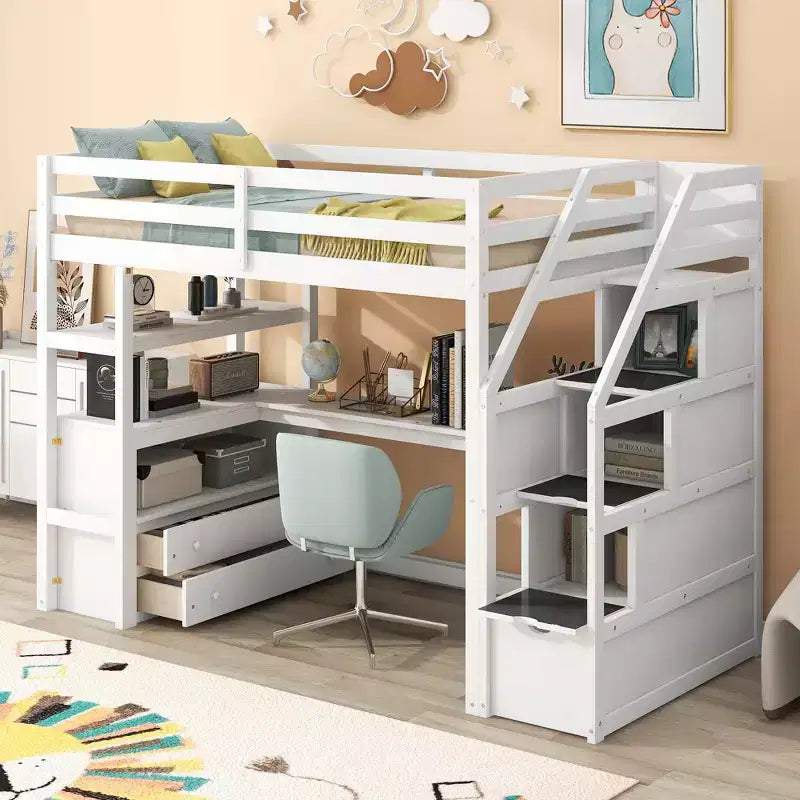 Loft Bed with Storage Staircase and Desk, High Loft Bed Frame with 2 Built-in Drawers for Kids Teens Adults