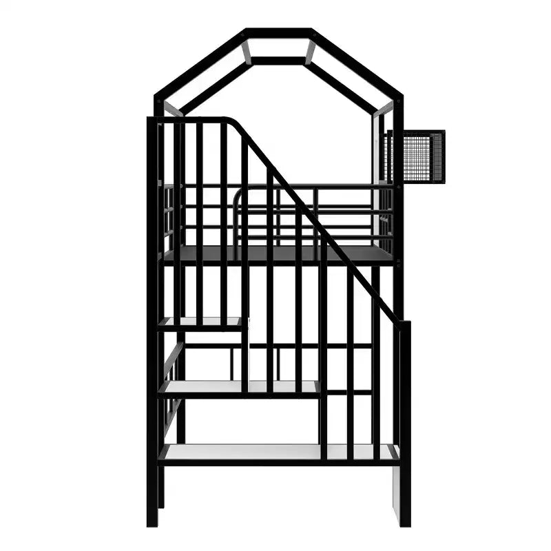 Twin Size House Bed Metal Loft Bed with Storage Box on Roof Design, Storage Staircase Loft Bed Frame with Under Bed Space