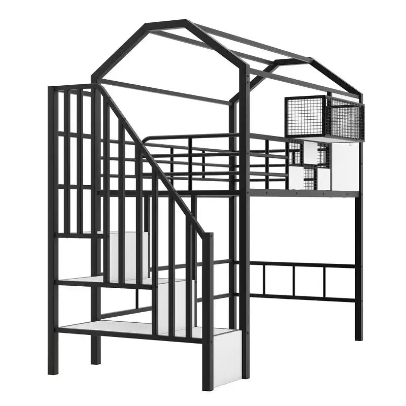 Twin Size House Bed Metal Loft Bed with Storage Box on Roof Design, Storage Staircase Loft Bed Frame with Under Bed Space
