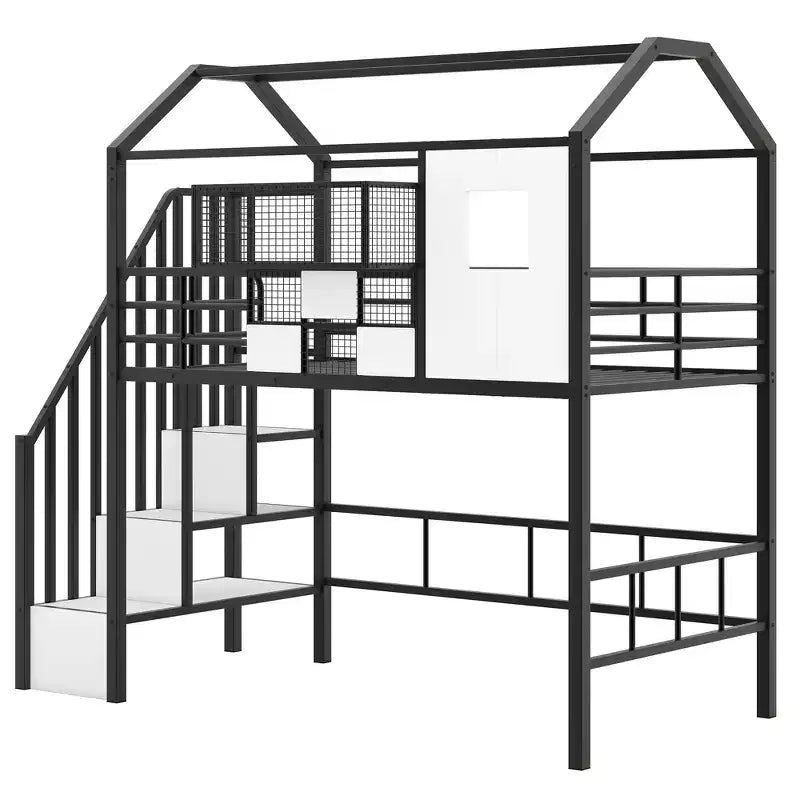 Twin Size House Bed Metal Loft Bed with Storage Box on Roof Design, Storage Staircase Loft Bed Frame with Under Bed Space