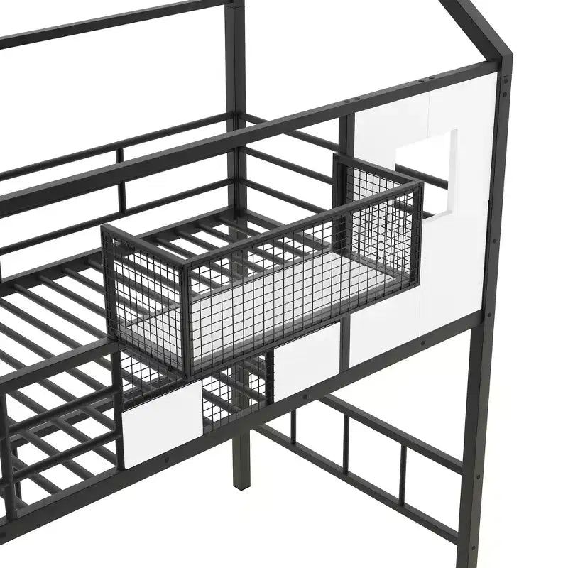 Twin Size House Bed Metal Loft Bed with Storage Box on Roof Design, Storage Staircase Loft Bed Frame with Under Bed Space