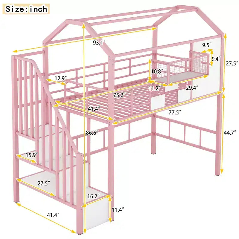 Twin Size House Bed Metal Loft Bed with Storage Box on Roof Design, Storage Staircase Loft Bed Frame with Under Bed Space