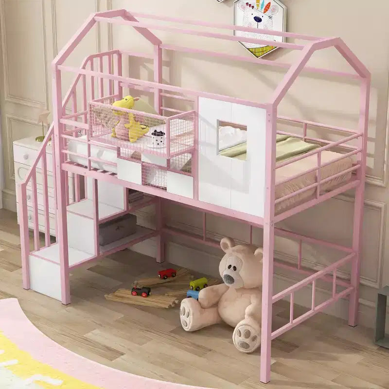 Twin Size House Bed Metal Loft Bed with Storage Box on Roof Design, Storage Staircase Loft Bed Frame with Under Bed Space