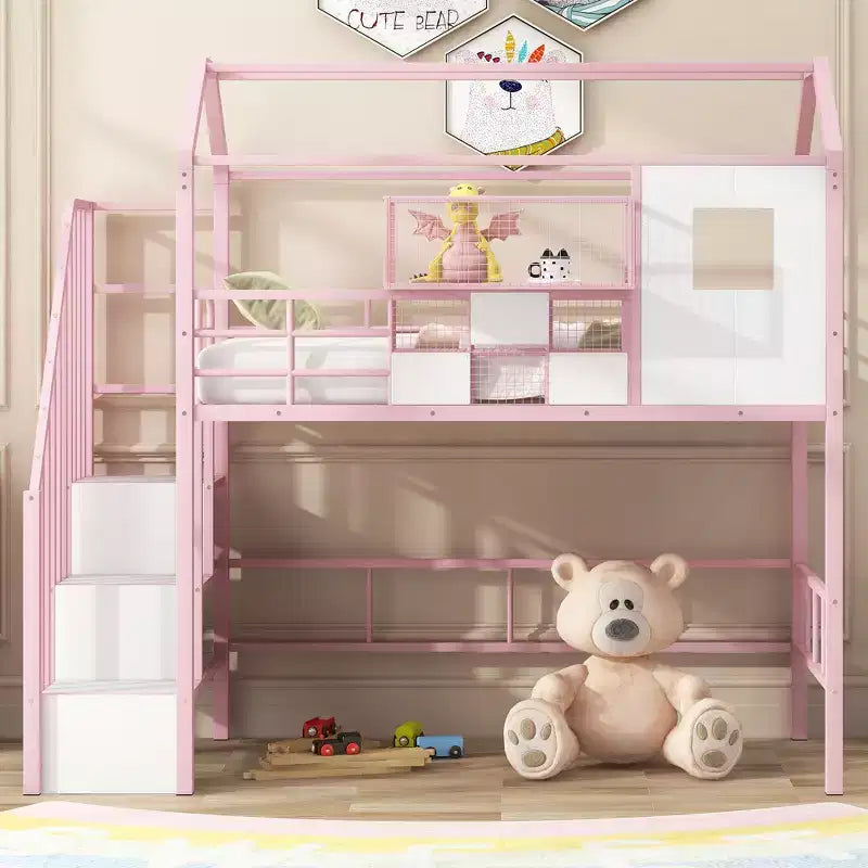 Twin Size House Bed Metal Loft Bed with Storage Box on Roof Design, Storage Staircase Loft Bed Frame with Under Bed Space