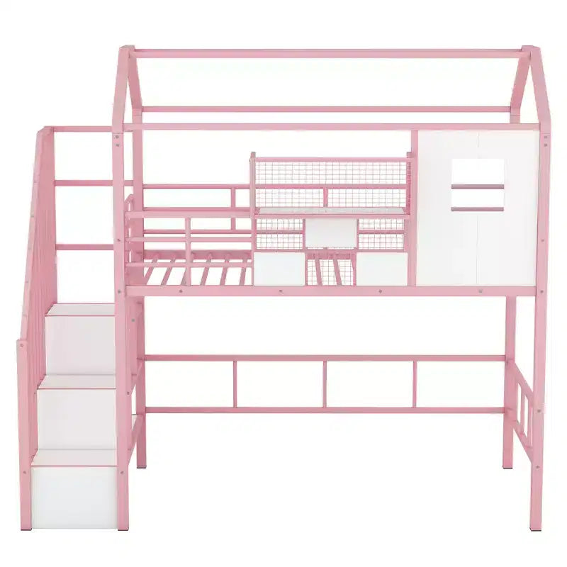 Twin Size House Bed Metal Loft Bed with Storage Box on Roof Design, Storage Staircase Loft Bed Frame with Under Bed Space