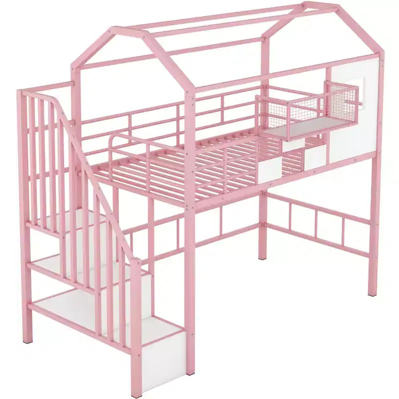 Twin Size House Bed Metal Loft Bed with Storage Box on Roof Design, Storage Staircase Loft Bed Frame with Under Bed Space