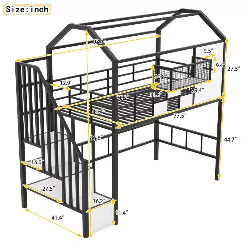 Twin Size House Bed Metal Loft Bed with Storage Box on Roof Design, Storage Staircase Loft Bed Frame with Under Bed Space