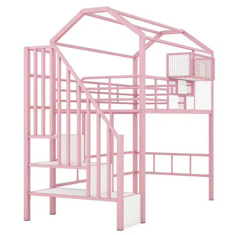 Twin Size House Bed Metal Loft Bed with Storage Box on Roof Design, Storage Staircase Loft Bed Frame with Under Bed Space