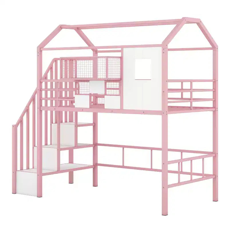 Twin Size House Bed Metal Loft Bed with Storage Box on Roof Design, Storage Staircase Loft Bed Frame with Under Bed Space