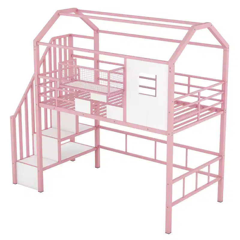 Twin Size House Bed Metal Loft Bed with Storage Box on Roof Design, Storage Staircase Loft Bed Frame with Under Bed Space