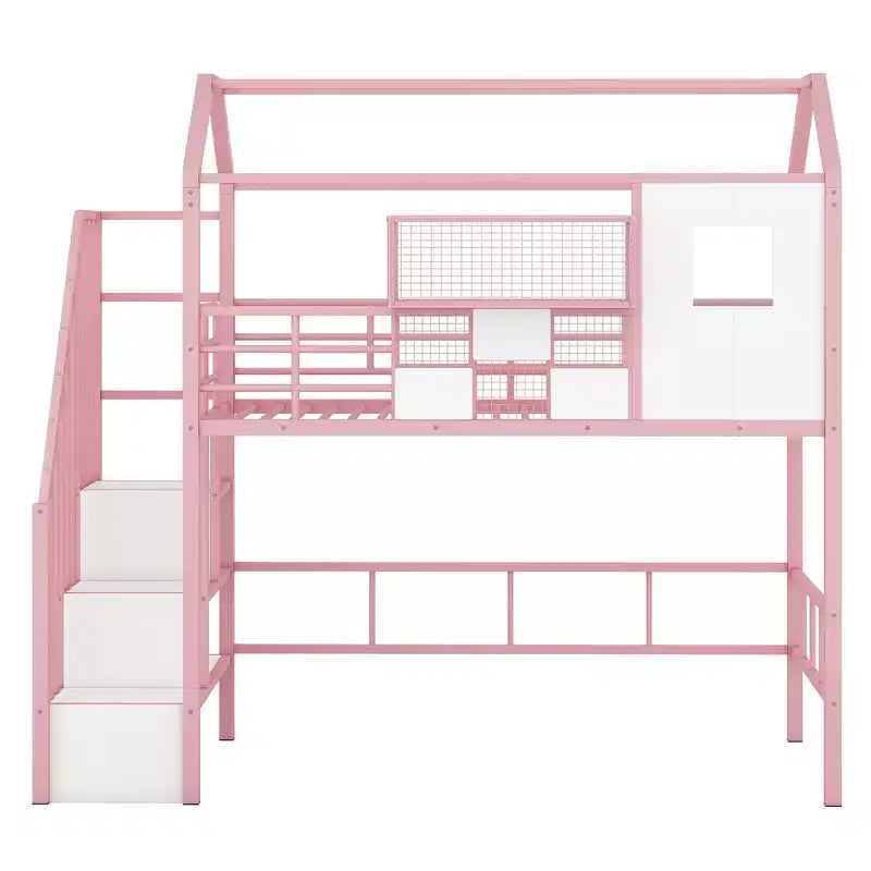 Twin Size House Bed Metal Loft Bed with Storage Box on Roof Design, Storage Staircase Loft Bed Frame with Under Bed Space