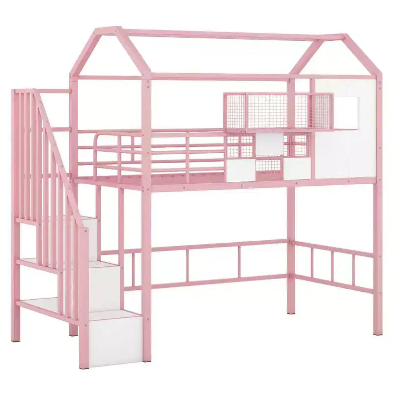 Twin Size House Bed Metal Loft Bed with Storage Box on Roof Design, Storage Staircase Loft Bed Frame with Under Bed Space
