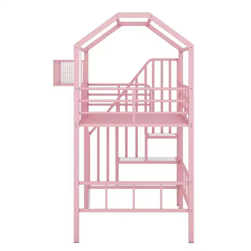 Twin Size House Bed Metal Loft Bed with Storage Box on Roof Design, Storage Staircase Loft Bed Frame with Under Bed Space