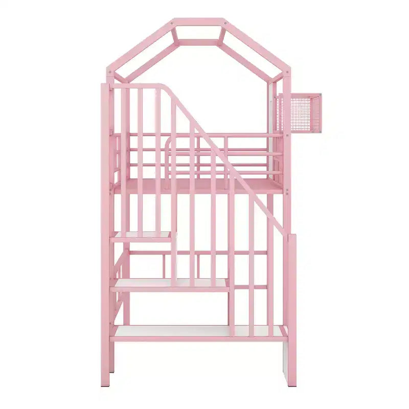 Twin Size House Bed Metal Loft Bed with Storage Box on Roof Design, Storage Staircase Loft Bed Frame with Under Bed Space