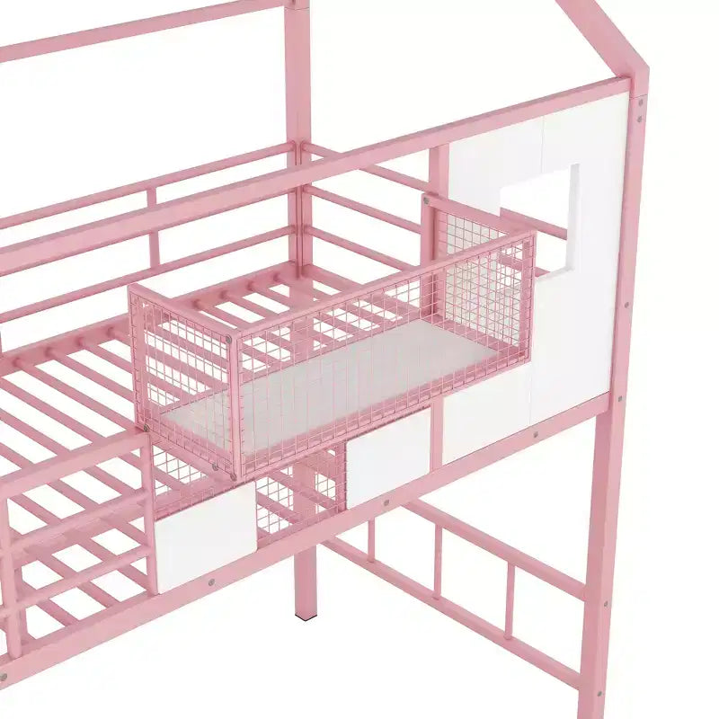 Twin Size House Bed Metal Loft Bed with Storage Box on Roof Design, Storage Staircase Loft Bed Frame with Under Bed Space