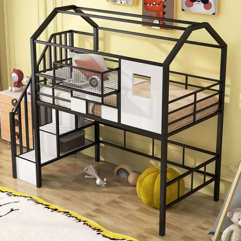 Twin Size House Bed Metal Loft Bed with Storage Box on Roof Design, Storage Staircase Loft Bed Frame with Under Bed Space