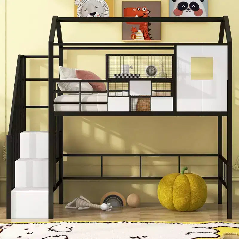 Twin Size House Bed Metal Loft Bed with Storage Box on Roof Design, Storage Staircase Loft Bed Frame with Under Bed Space