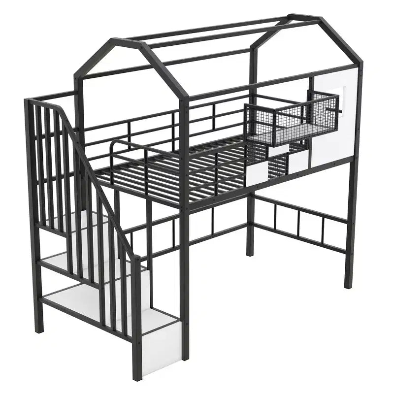 Twin Size House Bed Metal Loft Bed with Storage Box on Roof Design, Storage Staircase Loft Bed Frame with Under Bed Space