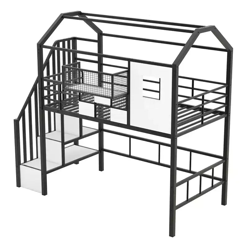 Twin Size House Bed Metal Loft Bed with Storage Box on Roof Design, Storage Staircase Loft Bed Frame with Under Bed Space