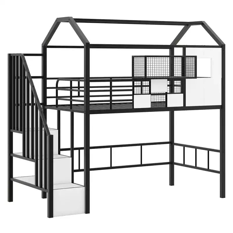 Twin Size House Bed Metal Loft Bed with Storage Box on Roof Design, Storage Staircase Loft Bed Frame with Under Bed Space