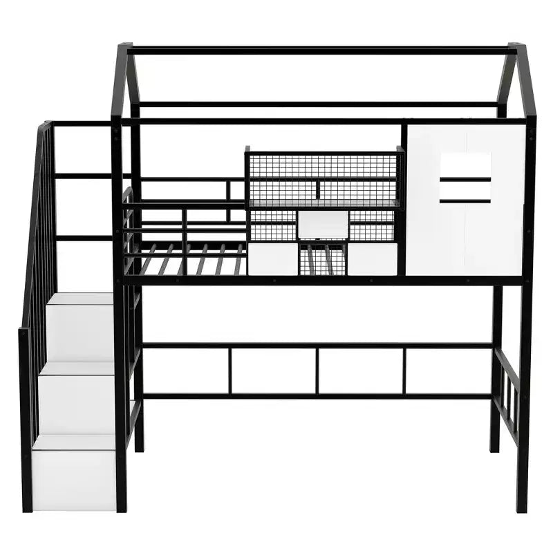 Twin Size House Bed Metal Loft Bed with Storage Box on Roof Design, Storage Staircase Loft Bed Frame with Under Bed Space