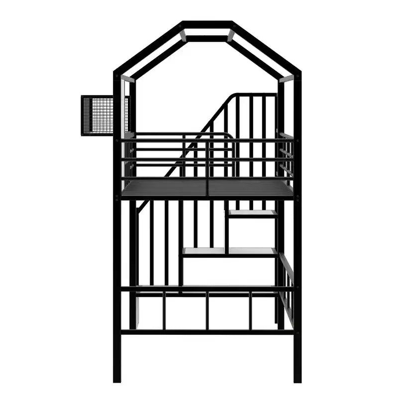Twin Size House Bed Metal Loft Bed with Storage Box on Roof Design, Storage Staircase Loft Bed Frame with Under Bed Space