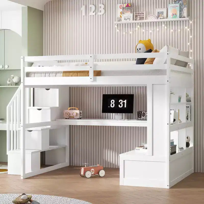 Full Size Loft Bed with Stairs and Desk, Wood Loft Beds Frame with Storage Drawers and Bookcase Shelves for Adults Teens Kids