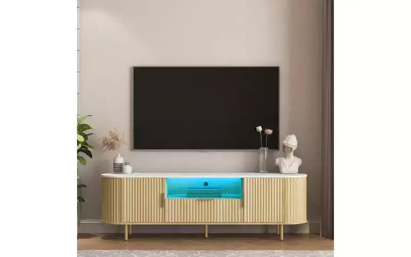 TV Stand for Living Room, Modern TV Consoles with Power Outlet, Entertainment Center w/Door Cabinets & Open Shelves for Living Room, Bedroom