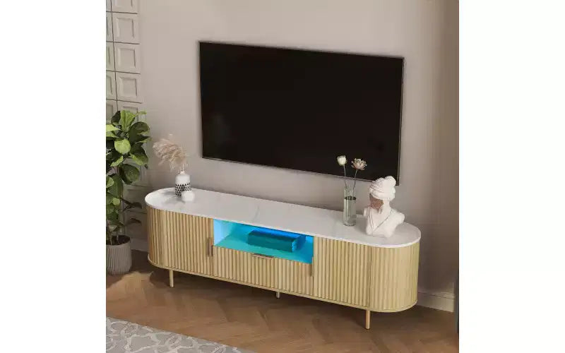 TV Stand for Living Room, Modern TV Consoles with Power Outlet, Entertainment Center w/Door Cabinets & Open Shelves for Living Room, Bedroom