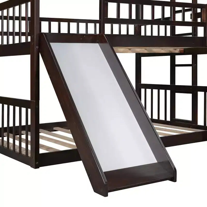 Whisen Full-Over-Full-Over-Full Wood Triple Bunk Bed with Built-in Ladder and Slide, Guardrails
