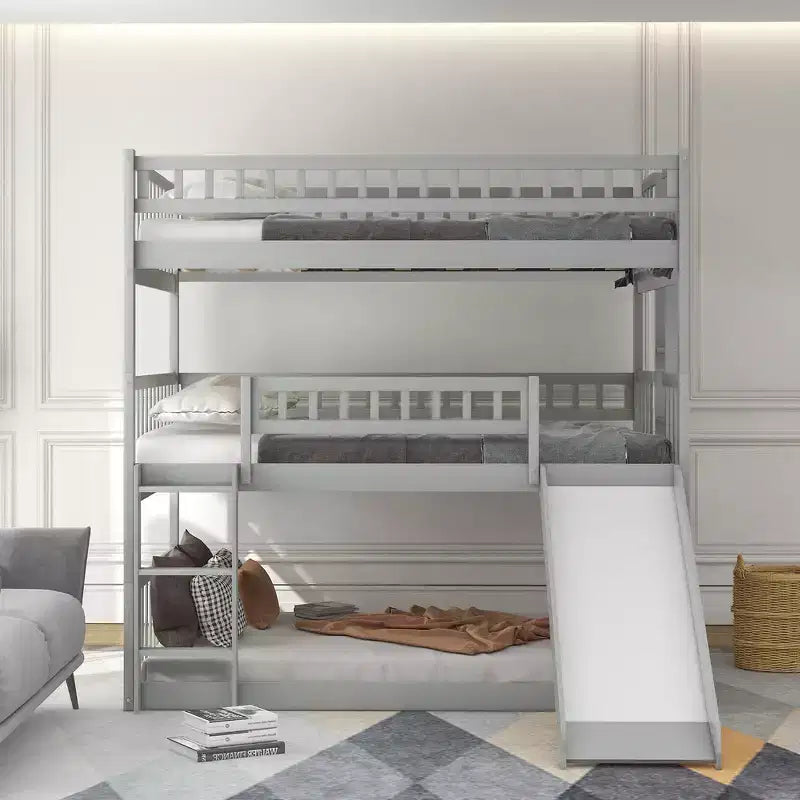 Whisen Full-Over-Full-Over-Full Wood Triple Bunk Bed with Built-in Ladder and Slide, Guardrails