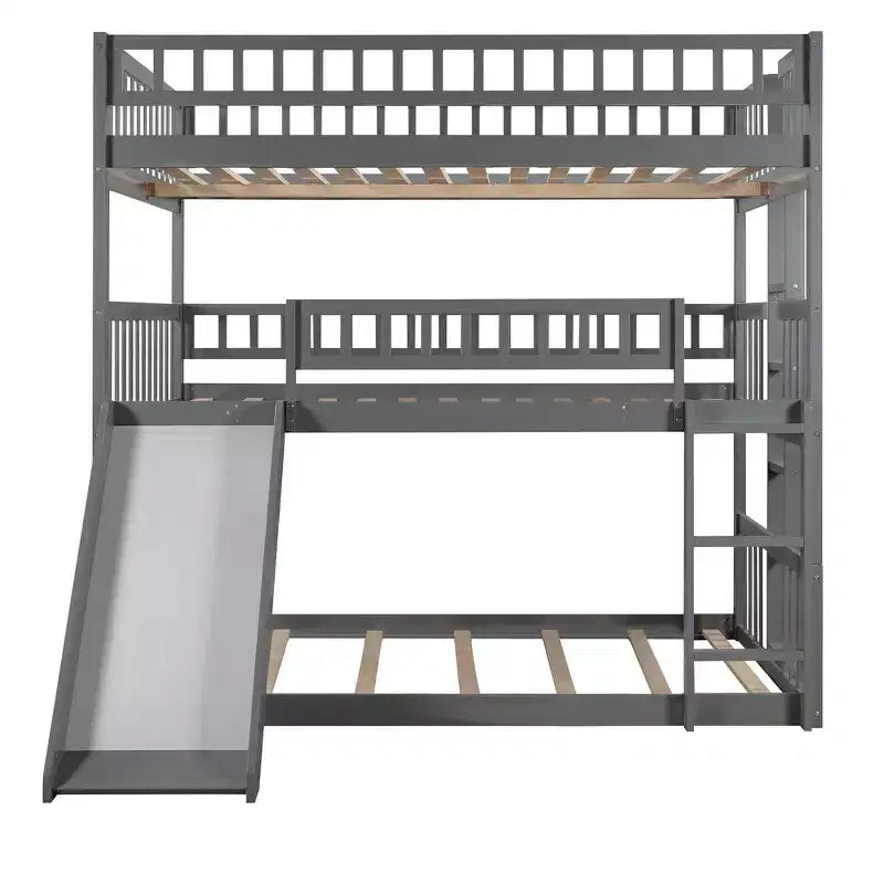 Whisen Full-Over-Full-Over-Full Wood Triple Bunk Bed with Built-in Ladder and Slide, Guardrails