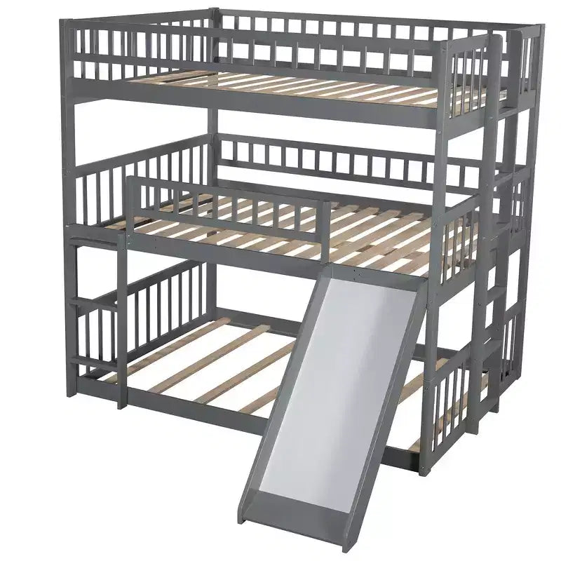 Whisen Full-Over-Full-Over-Full Wood Triple Bunk Bed with Built-in Ladder and Slide, Guardrails