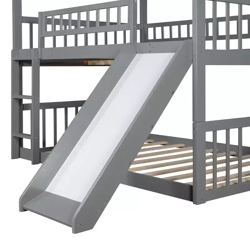 Whisen Full-Over-Full-Over-Full Wood Triple Bunk Bed with Built-in Ladder and Slide, Guardrails