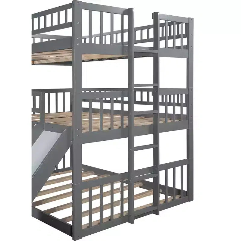 Whisen Full-Over-Full-Over-Full Wood Triple Bunk Bed with Built-in Ladder and Slide, Guardrails