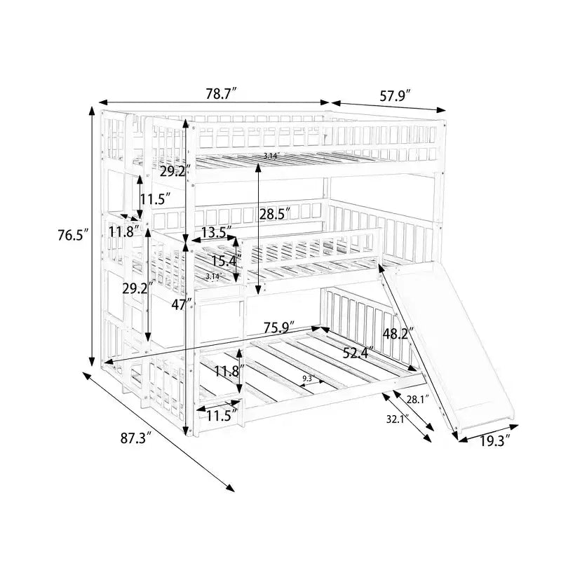Whisen Full-Over-Full-Over-Full Wood Triple Bunk Bed with Built-in Ladder and Slide, Guardrails