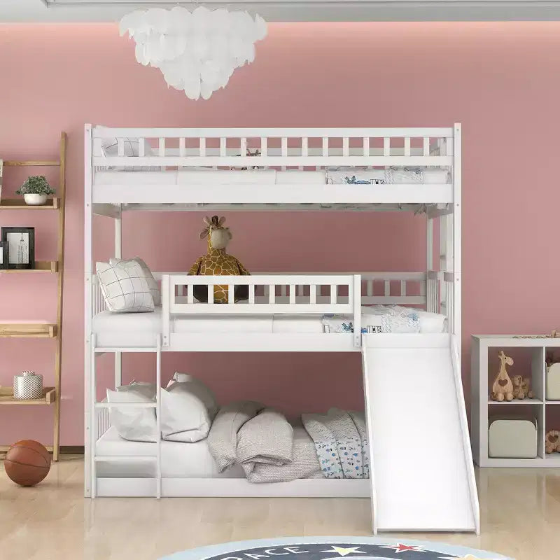 Whisen Full-Over-Full-Over-Full Wood Triple Bunk Bed with Built-in Ladder and Slide, Guardrails
