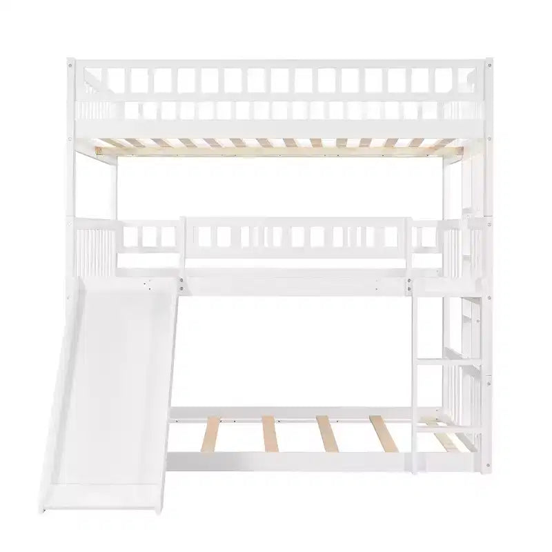 Whisen Full-Over-Full-Over-Full Wood Triple Bunk Bed with Built-in Ladder and Slide, Guardrails