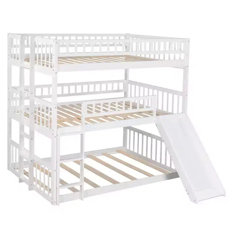 Whisen Full-Over-Full-Over-Full Wood Triple Bunk Bed with Built-in Ladder and Slide, Guardrails
