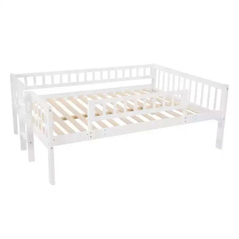 Whisen Full-Over-Full-Over-Full Wood Triple Bunk Bed with Built-in Ladder and Slide, Guardrails