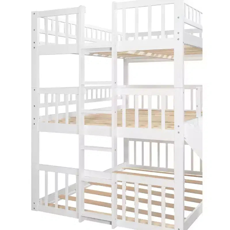 Whisen Full-Over-Full-Over-Full Wood Triple Bunk Bed with Built-in Ladder and Slide, Guardrails