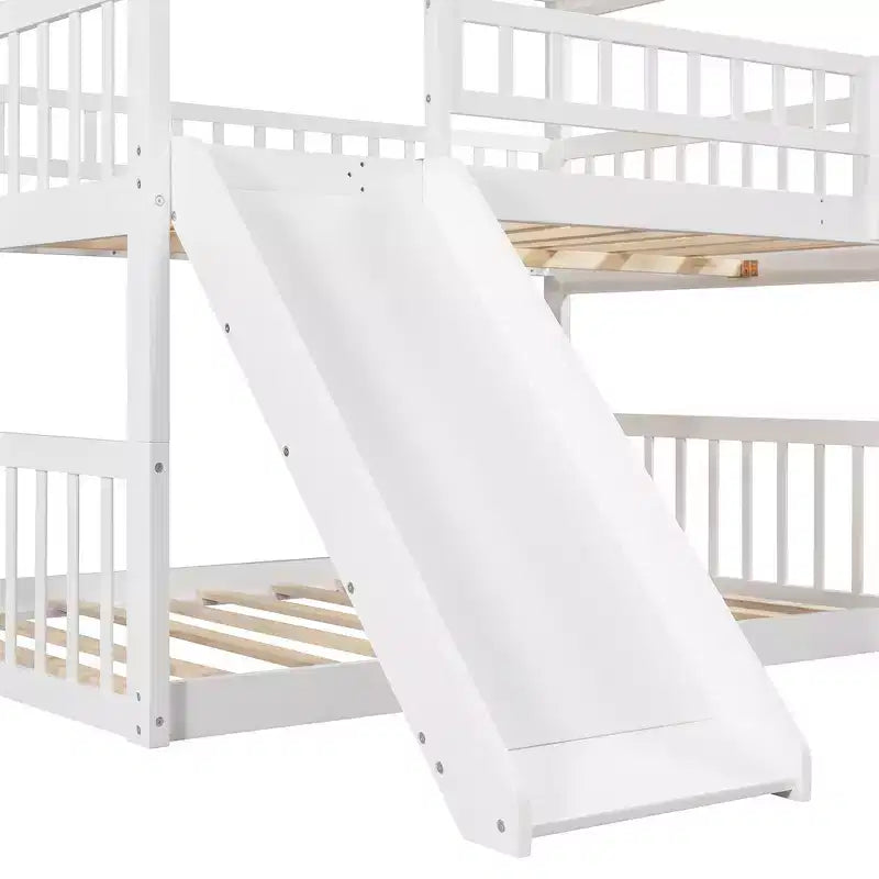 Whisen Full-Over-Full-Over-Full Wood Triple Bunk Bed with Built-in Ladder and Slide, Guardrails