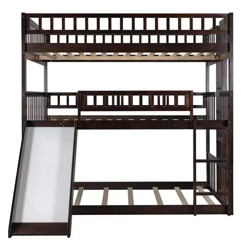 Whisen Full-Over-Full-Over-Full Wood Triple Bunk Bed with Built-in Ladder and Slide, Guardrails