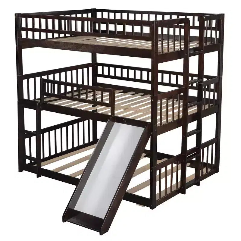 Whisen Full-Over-Full-Over-Full Wood Triple Bunk Bed with Built-in Ladder and Slide, Guardrails