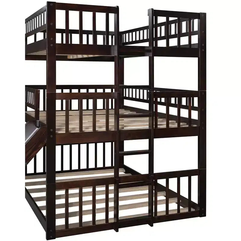 Whisen Full-Over-Full-Over-Full Wood Triple Bunk Bed with Built-in Ladder and Slide, Guardrails