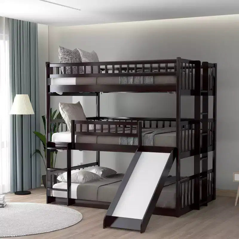 Whisen Full-Over-Full-Over-Full Wood Triple Bunk Bed with Built-in Ladder and Slide, Guardrails