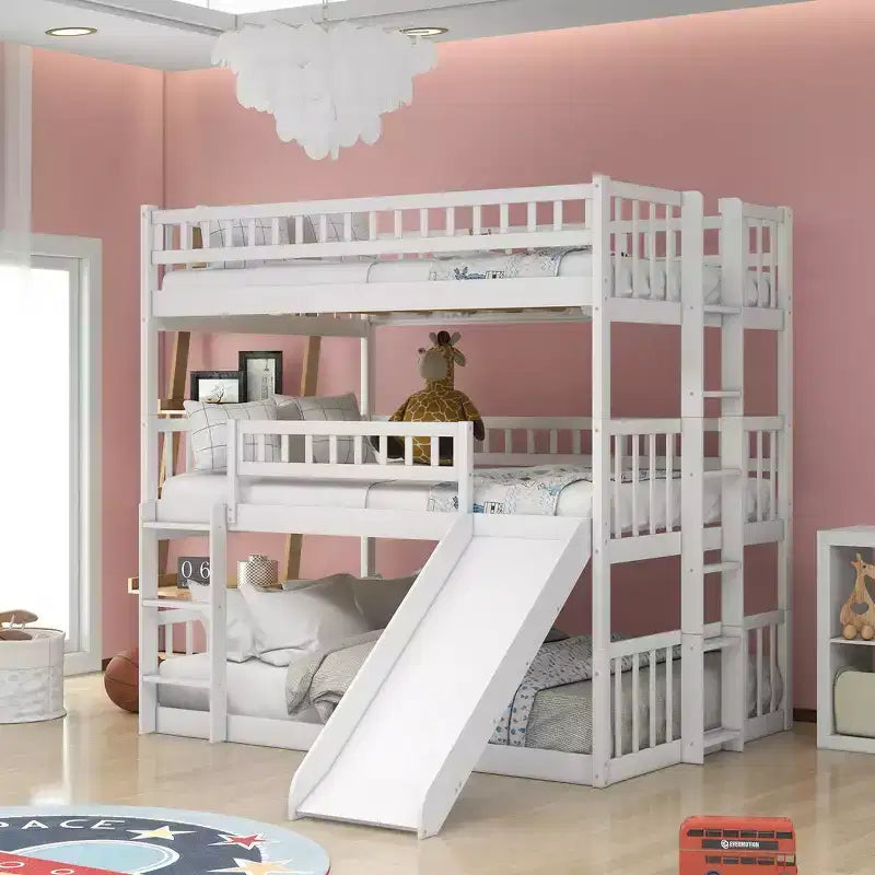 Whisen Full-Over-Full-Over-Full Wood Triple Bunk Bed with Built-in Ladder and Slide, Guardrails