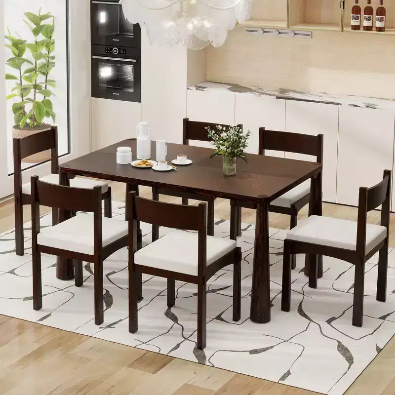 Ensemble de salle à manger rétro 7 pièces avec table rectangulaire et 6 chaises rembourrées
