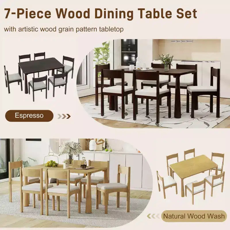 Ensemble de salle à manger rétro 7 pièces avec table rectangulaire et 6 chaises rembourrées