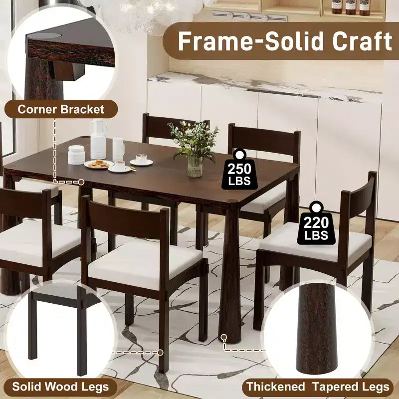 Ensemble de salle à manger rétro 7 pièces avec table rectangulaire et 6 chaises rembourrées